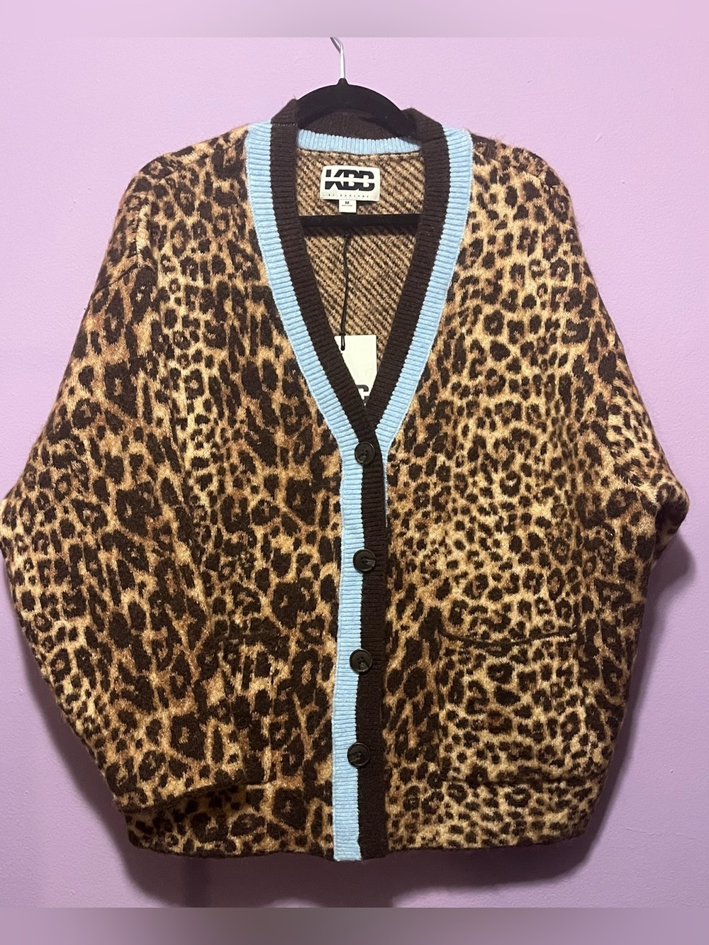 NWT KBB by Kahlana The Slouchy Cardigan in Tan Leopard w Blue Trim - Sz M